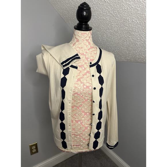 NWT Milly Of New York Womens Button Down Cardigan Sweater Cream Navy Blue Sz L - Picture 2 of 7